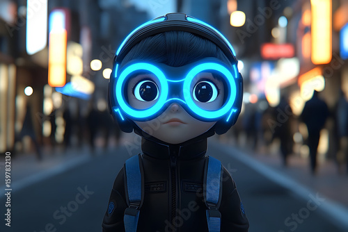 Futuristic Child in Neon Cityscape at Night