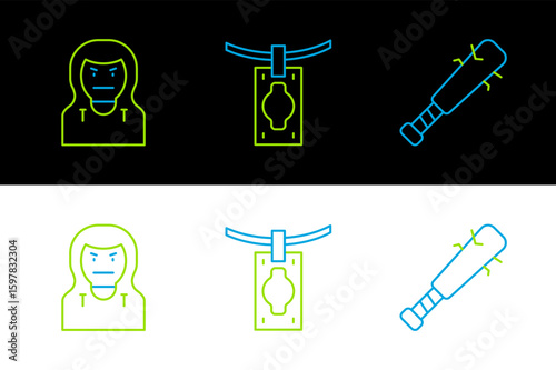 Set line Baseball bat with nails, Thief mask and Money laundering icon. Vector