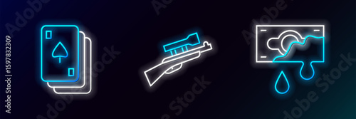 Set line Bloody money, Playing cards and Sniper rifle with scope icon. Glowing neon. Vector