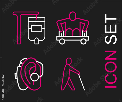 Set line Blind human holding stick, Hearing aid, Man without legs sitting wheelchair and IV bag icon. Vector