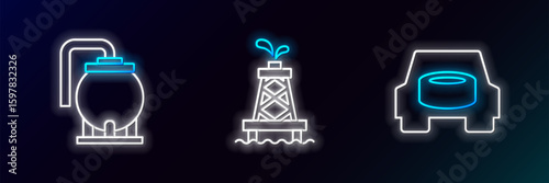 Set line Spare wheel in the car, Oil tank storage and rig icon. Glowing neon. Vector