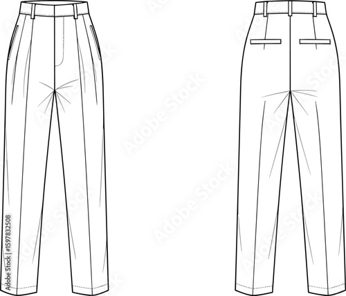 CAD drawing flat vector illustration of tailored trousers technical fashion sketch front and back view, formal pants garment design