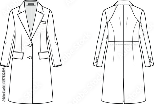 CAD drawing flat vector illustration of tailored long coat with lapel collar, flap pockets, button front and back seam design