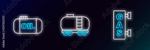 Set line Gas filling station, Oil tank storage and railway cistern icon. Glowing neon. Vector
