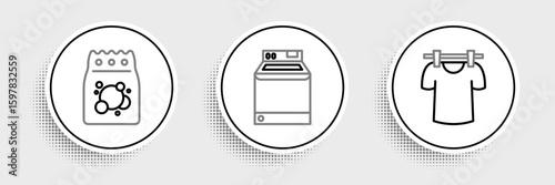 Set line Drying clothes, Laundry detergent and Washer icon. Vector