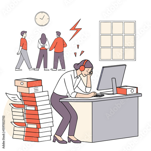 Woman at desk overwhelmed with work and stress with colleagues and clock in the background office scene