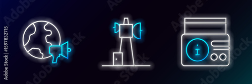 Set line News on radio channel, World news and Antenna icon. Glowing neon. Vector
