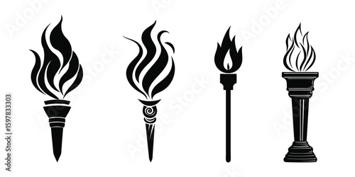Collection of four black torches with flames vector illustration