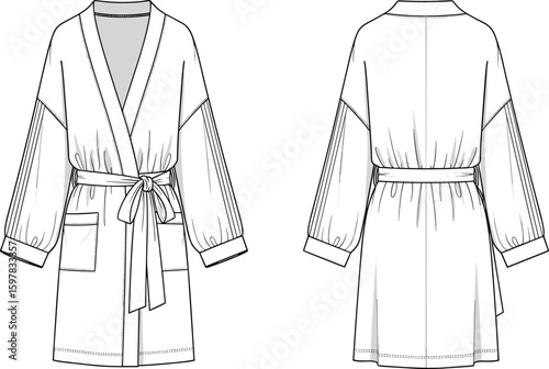 CAD drawing flat vector illustration of women’s belted robe kimono front and back technical fashion sketch garment design template