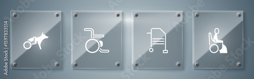 Set Woman in wheelchair, Walker, Wheelchair and Dog. Square glass panels. Vector