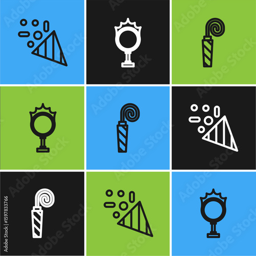 Set line Festive confetti, Birthday party horn and Circus fire hoop icon. Vector