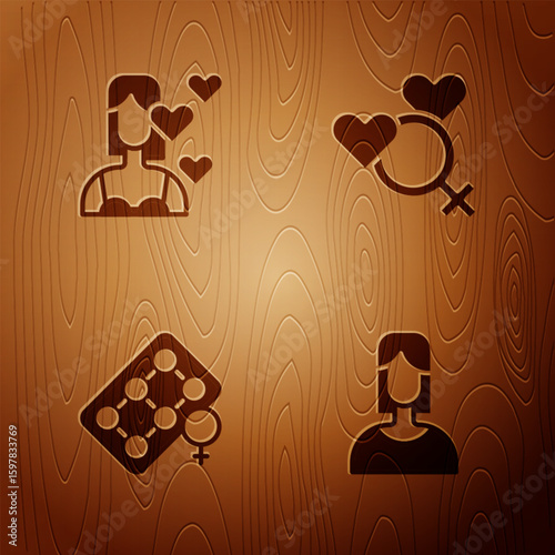 Set Female, Love yourself, Packaging of birth control pills and gender on wooden background. Vector