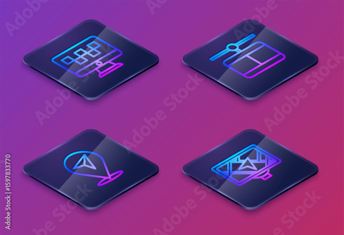 Set Isometric line Computer call taxi service, Location, Cable car and Gps device with map. Blue square button. Vector