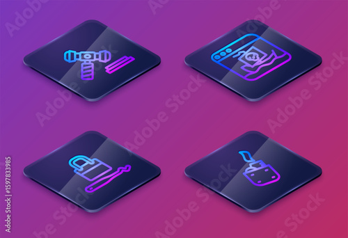 Set Isometric line Judge gavel, Lock picks for lock picking, Internet piracy and Lighter. Blue square button. Vector