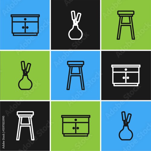 Set line Furniture nightstand, Chair and Vase icon. Vector