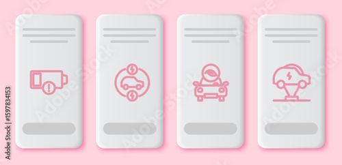 Set line Low battery, Electric car, Eco and . White rectangle button. Vector
