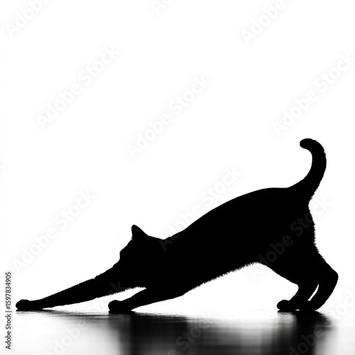 Black Silhouette of Stretching Cat on White Background – Minimalist Design with Copy Space and Rounded Corners