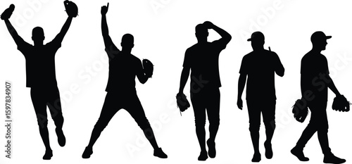 Silhouettes of baseball players in various poses holding gloves, celebrating, walking, signaling, perfect for sport, vector design, team concept