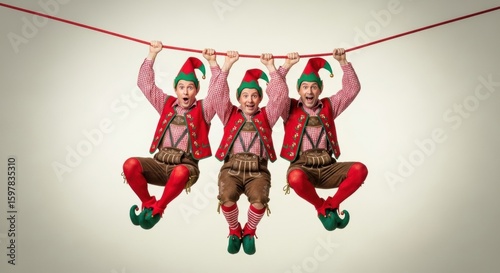Playful Christmas Elves Hanging on a Red Rope, Festive Joy