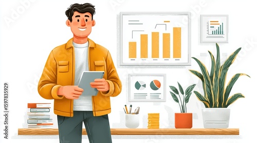 A young Caucasian man in a mustard jacket holds a tablet, surrounded by charts and greenery, conveying a productive workspace vibe.