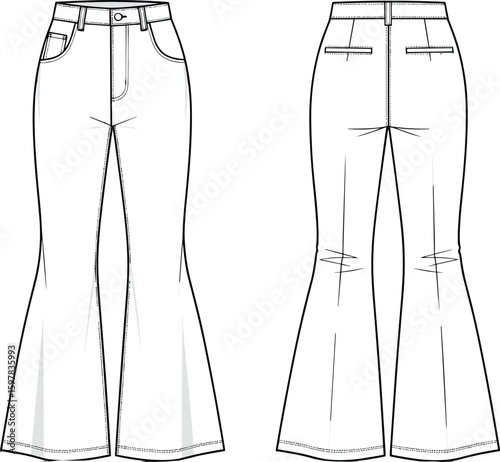 CAD drawing flat vector illustration of women’s flared leg jeans with high waist, classic five pocket and back welt pocket design
