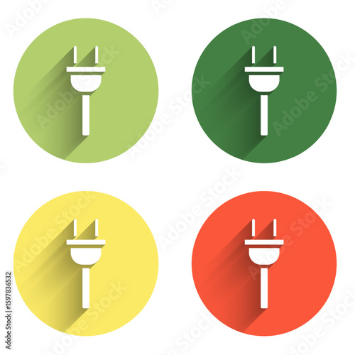 Set Electric plug icon isolated with long shadow background. Concept of connection and disconnection of the electricity. Color circle button. Vector