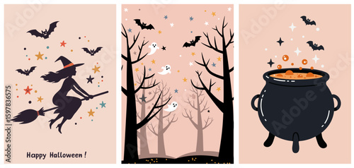 Set of three Halloween themed illustrations with a witch flying on a broomstick, bats and a magical boiling cauldron on a pastel pink background