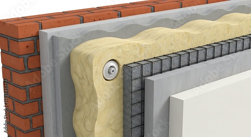 Cross-section showcasing external wall insulation system with brick, concrete, insulation, and mesh reinforcement.