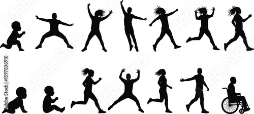 Silhouette of human growth life cycle from baby to adult in wheelchair, vector stages of aging and movement illustration