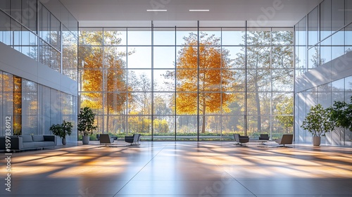 Sunlit Corporate Atrium with a Panoramic View of Autumn