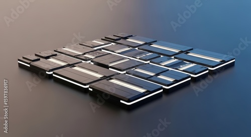 Floating Modular Tech Panels with Embedded Lights on Matte Surface