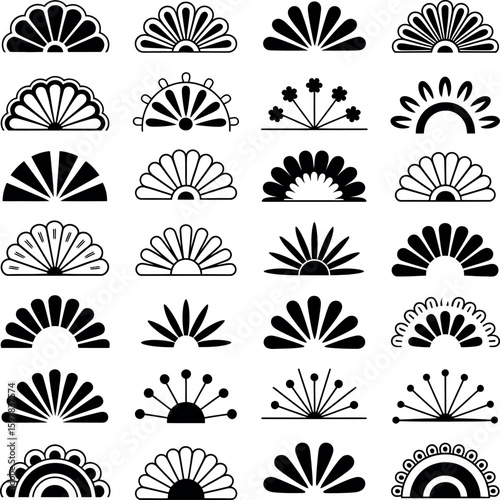 Collection of black and white semicircular fan shaped decorative elements semicircle pattern