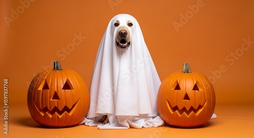 A dog dressed as a ghost sits between two carved pumpkins against an orange background.
