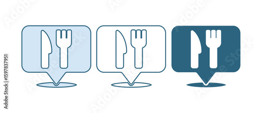 Blue Cafe and restaurant location icon isolated on white background. Fork and spoon eatery sign inside pinpoint. Vector.