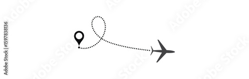 air plane flight route with start point and dash line trace. Various aircraft and destination location pins icons. Aircraft tracking, planes, travel, map
