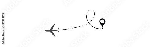 air plane flight route with start point and dash line trace. Various aircraft and destination location pins icons. Aircraft tracking, planes, travel, map