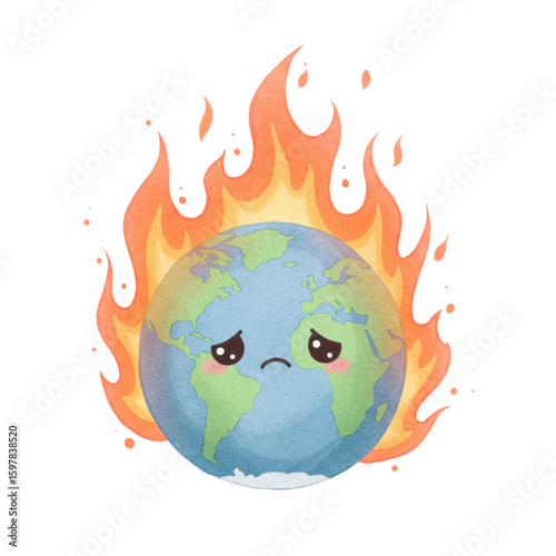 A sad, cartoon Earth engulfed in flames, symbolizing climate change and environmental crisis. isolated on a transparent background, png, cutout