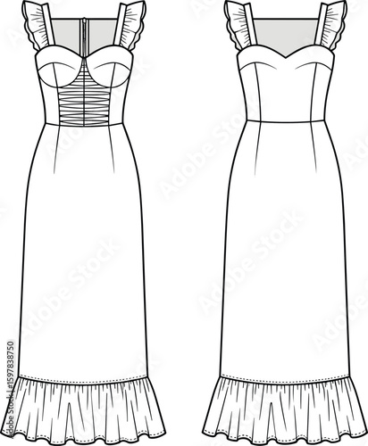 CAD drawing flat vector illustration of women’s ruffle strap sweetheart neckline long dress with back zipper technical fashion sketch