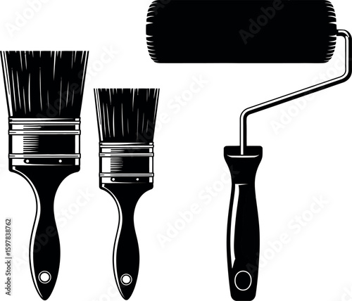 Black paint roller and two paint brushes on white background painting tools