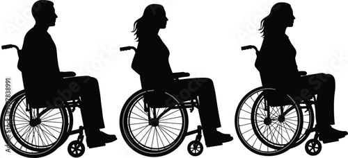 Silhouettes of man and women sitting in wheelchair, disability awareness vector illustration showing mobility, accessibility, support, inclusion, independence