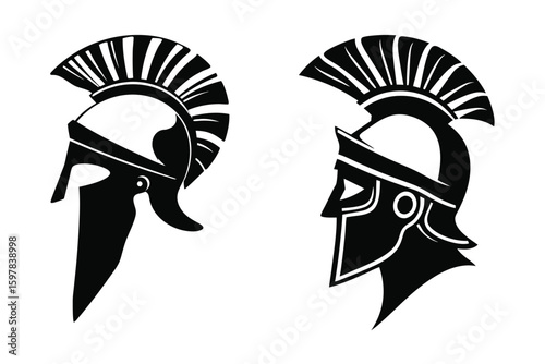 Two black silhouette Spartan helmets facing opposite directions iconic warrior headgear vector illustration