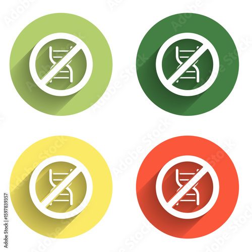 Set Stop GMO icon isolated with long shadow background. Genetically modified organism acronym. Dna food modification. Color circle button. Vector