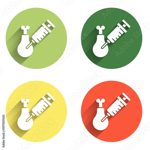 Set Gmo research chicken icon isolated with long shadow background. Syringe being injected to chicken. Color circle button. Vector