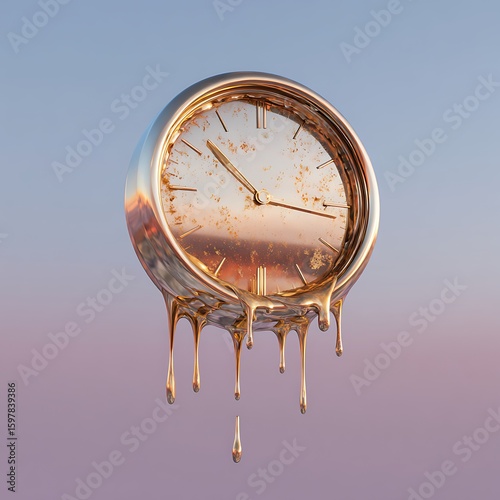 Melting Clock with Dripping Gold Time Concept