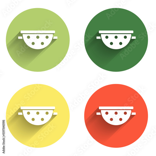Set Kitchen colander icon isolated with long shadow background. Cooking utensil. Cutlery sign. Color circle button. Vector