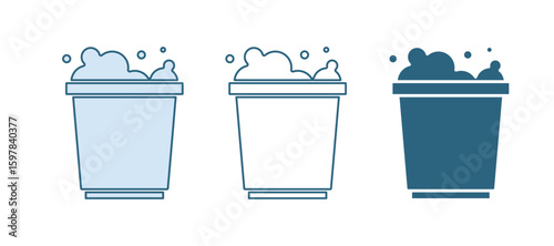 Blue Bucket with foam and bubbles icon isolated on white background. Cleaning service concept. Vector