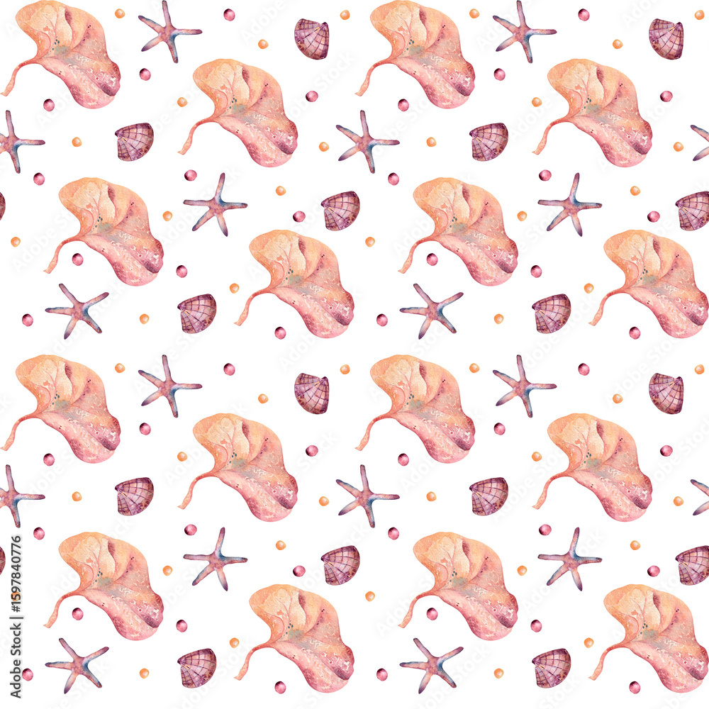 Obraz premium Hand painted watercolor underwater world with exotic ocean flora and seashells on seamless background isolated. Marine repeated design vibrant colors for tropical prints, fabrics, and beach fabric.