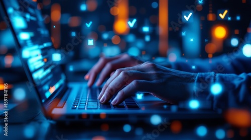 A person is typing on a laptop with holographic check marks floating around the screen