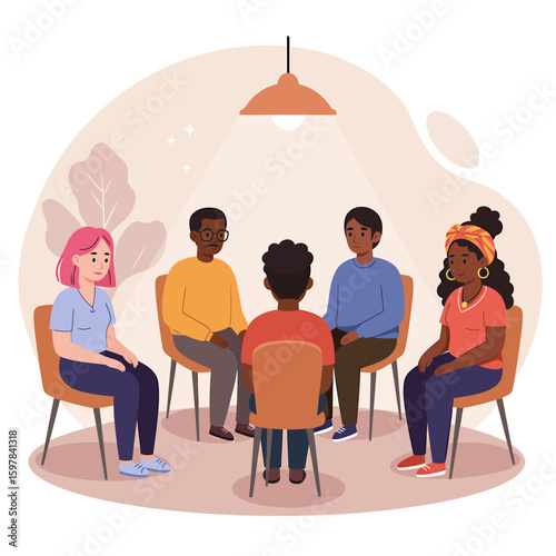 Diverse group of people seated in a circle, likely in a support or therapy session, engaged in a discussion.