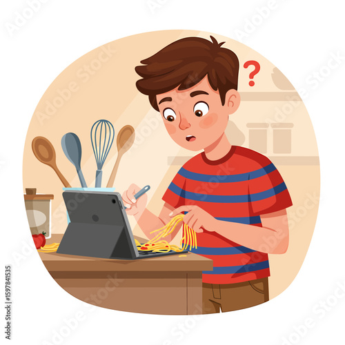 Boy cooking spaghetti and looking at a tablet with a confused expression, in a kitchen setting.